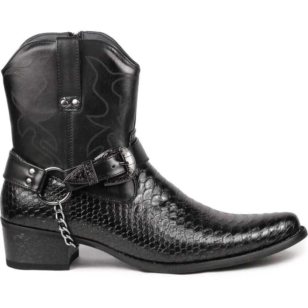 Men's Black Belt Buckle Chain Strap Western Cowboy Boot